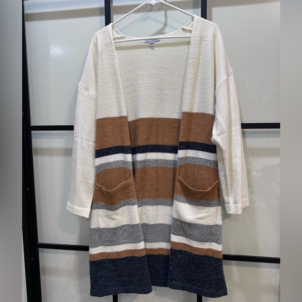 Polagram Cream and Brown Color Block Cardigan Sweater